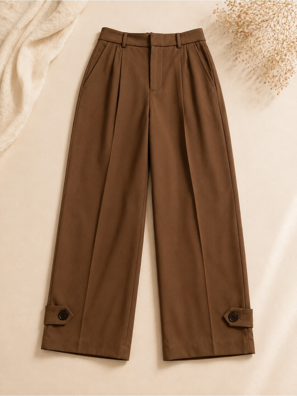 MOTF Brown Wide-Leg Pleated Trousers